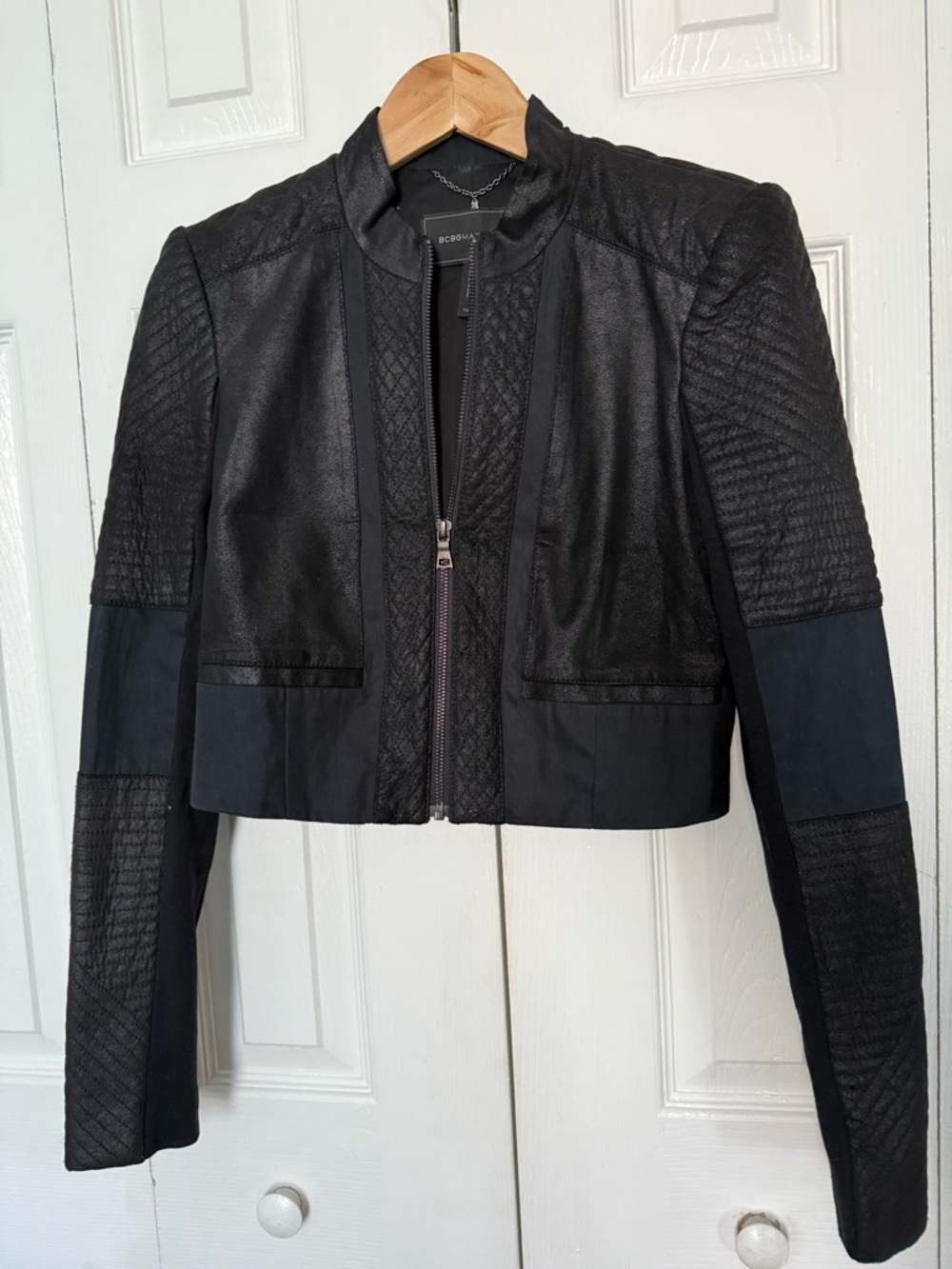 BCBGMaxAzria Black Textured Cropped Leather Jacket